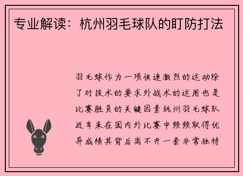 专业解读：杭州羽毛球队的盯防打法