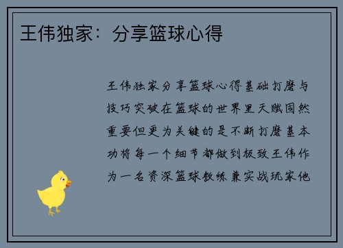 王伟独家：分享篮球心得