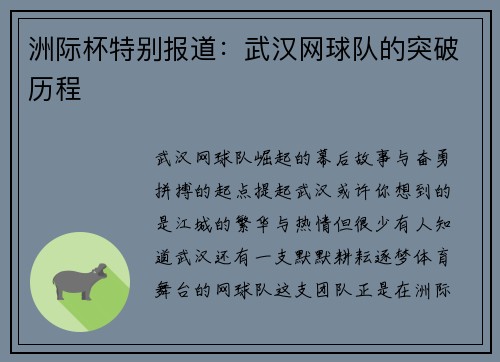 洲际杯特别报道：武汉网球队的突破历程