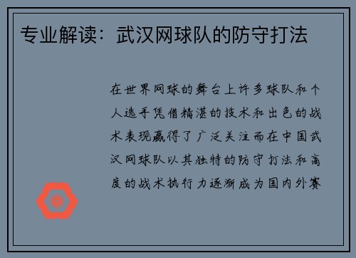 专业解读：武汉网球队的防守打法